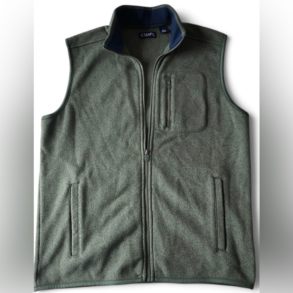 Chaps Men’s Olive Green Fleece Sweater Vest Zip Up Medium